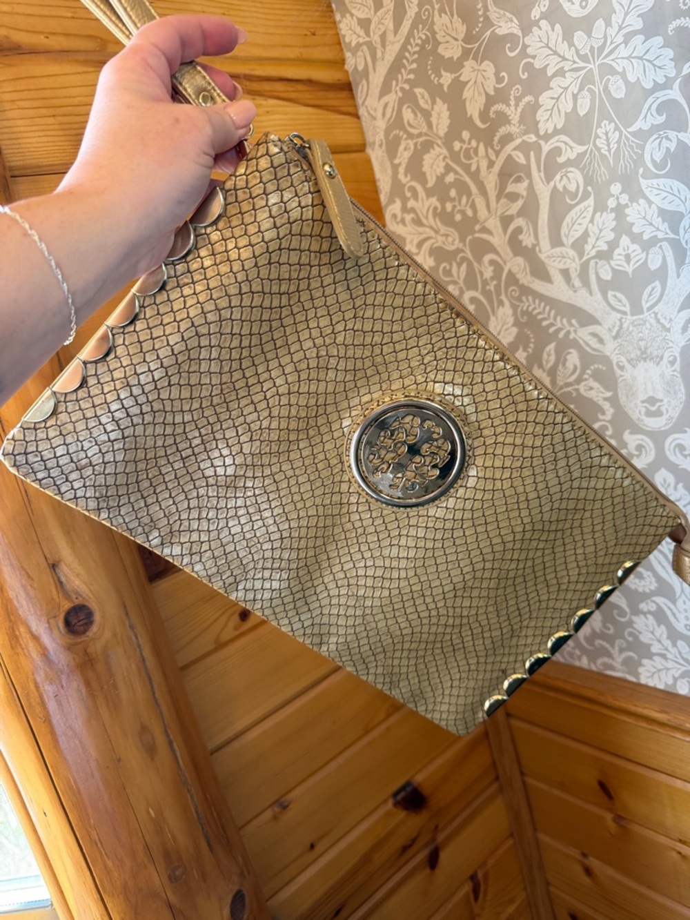 Clutch Wristlet snake embossed with studs and gold